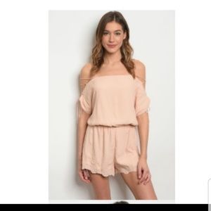 Honey Belle Peach Embroidered Off Shoulder Romper